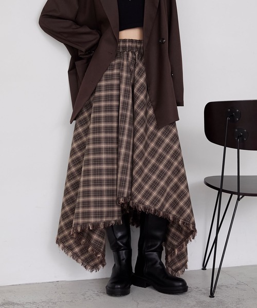 セール】【forksy.】アシンメトリーバイアスチェックフリンジスカート