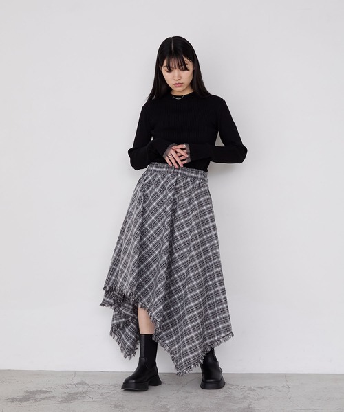 forksy.】アシンメトリーバイアスチェックフリンジスカート