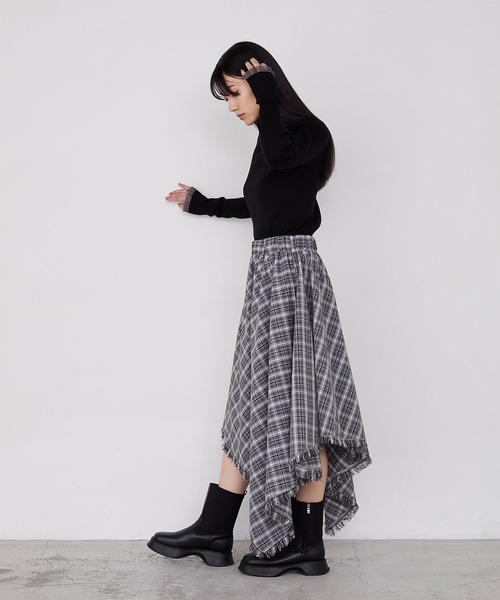 モンス MONSE ☆プリーツ アシンメトリー スカート USA製 0 チェック マルチグレンチェック アシンメトリープリーツスカート | maison
