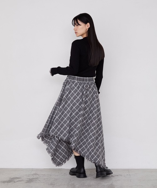forksy.】アシンメトリーバイアスチェックフリンジスカート forksy