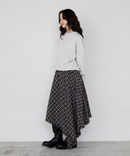 forksy.】アシンメトリーバイアスチェックフリンジスカート forksy