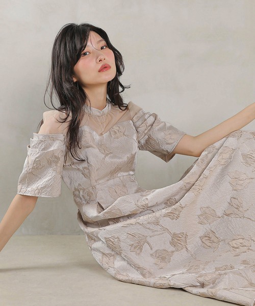 セール】ジャガード 花柄 チュール オフショル風 Aライン ワンピース