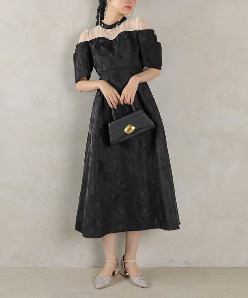 ジャガード 花柄 チュール オフショル風 Aライン ワンピース ドレス