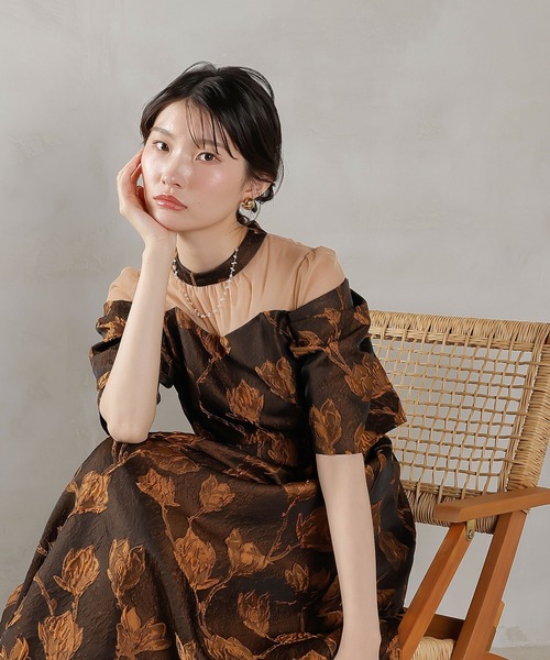 ジャガード 花柄 チュール オフショル風 Aライン ワンピース ドレス
