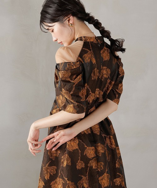 ジャガード 花柄 チュール オフショル風 Aライン ワンピース ドレス