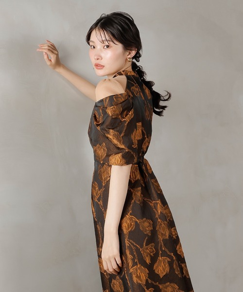 ジャガード 花柄 チュール オフショル風 Aライン ワンピース ドレス