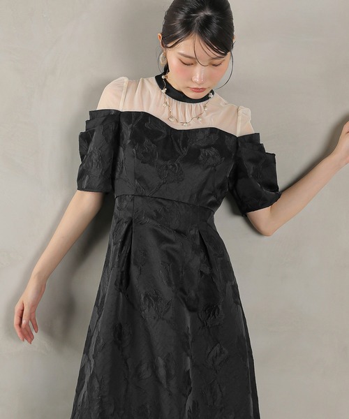 ジャガード 花柄 チュール オフショル風 Aライン ワンピース ドレス