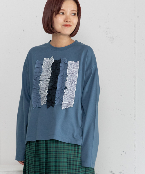 POU DOU DOU（プードゥドゥ）の「異素材ミックスフリルトップス（Tシャツ/カットソー・レディース・オフホワイト/ダークブルー/ダークグレー・M）」の3枚目の写真