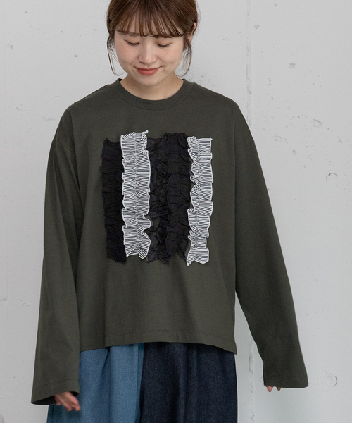 POU DOU DOU（プードゥドゥ）の「異素材ミックスフリルトップス（Tシャツ/カットソー・レディース・オフホワイト/ダークブルー/ダークグレー・M）」の2枚目の写真