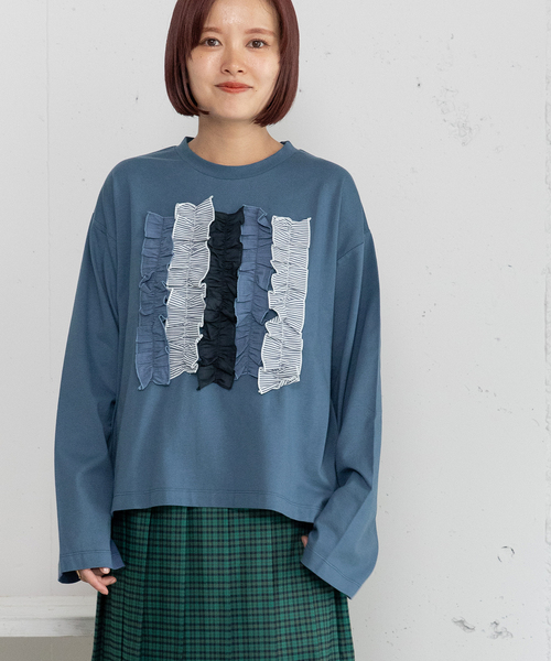 POU DOU DOU（プードゥドゥ）の「異素材ミックスフリルトップス（Tシャツ/カットソー・レディース・オフホワイト/ダークブルー/ダークグレー・M）」の4枚目の写真