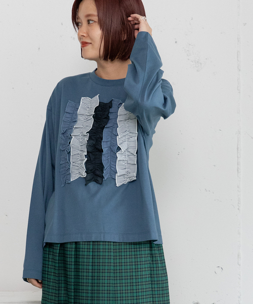 POU DOU DOU（プードゥドゥ）の「異素材ミックスフリルトップス（Tシャツ/カットソー・レディース・オフホワイト/ダークブルー/ダークグレー・M）」の5枚目の写真