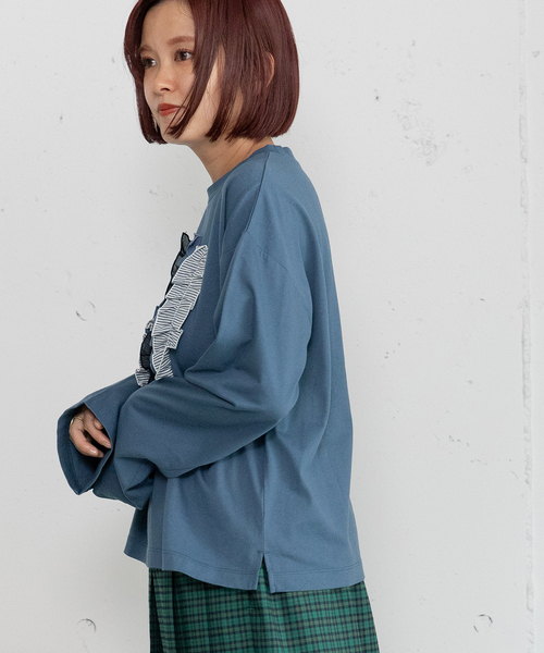 POU DOU DOU（プードゥドゥ）の「異素材ミックスフリルトップス（Tシャツ/カットソー・レディース・オフホワイト/ダークブルー/ダークグレー・M）」の6枚目の写真