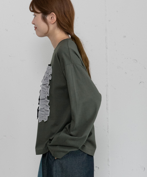 POU DOU DOU（プードゥドゥ）の「異素材ミックスフリルトップス（Tシャツ/カットソー・レディース・オフホワイト/ダークブルー/ダークグレー・M）」の13枚目の写真