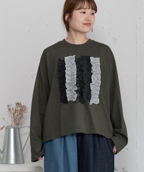 POU DOU DOU（プードゥドゥ）の「異素材ミックスフリルトップス（Tシャツ/カットソー・レディース・オフホワイト/ダークブルー/ダークグレー・M）」の15枚目の写真