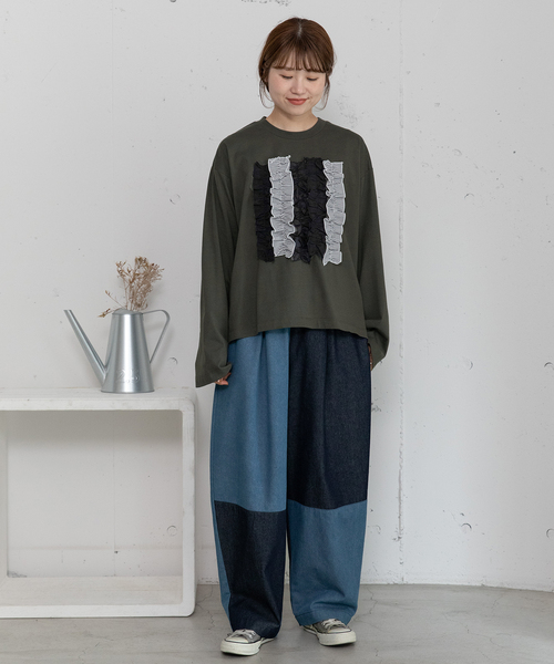 POU DOU DOU（プードゥドゥ）の「異素材ミックスフリルトップス（Tシャツ/カットソー・レディース・オフホワイト/ダークブルー/ダークグレー・M）」の16枚目の写真