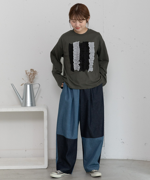 POU DOU DOU（プードゥドゥ）の「異素材ミックスフリルトップス（Tシャツ/カットソー・レディース・オフホワイト/ダークブルー/ダークグレー・M）」の17枚目の写真