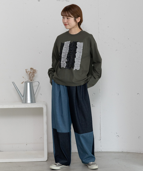 POU DOU DOU（プードゥドゥ）の「異素材ミックスフリルトップス（Tシャツ/カットソー・レディース・オフホワイト/ダークブルー/ダークグレー・M）」の18枚目の写真