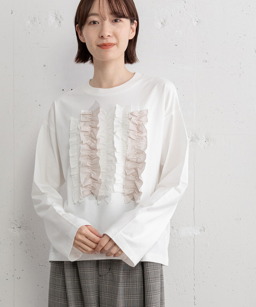 POU DOU DOU（プードゥドゥ）の「異素材ミックスフリルトップス（Tシャツ/カットソー・レディース・オフホワイト/ダークブルー/ダークグレー・M）」の21枚目の写真