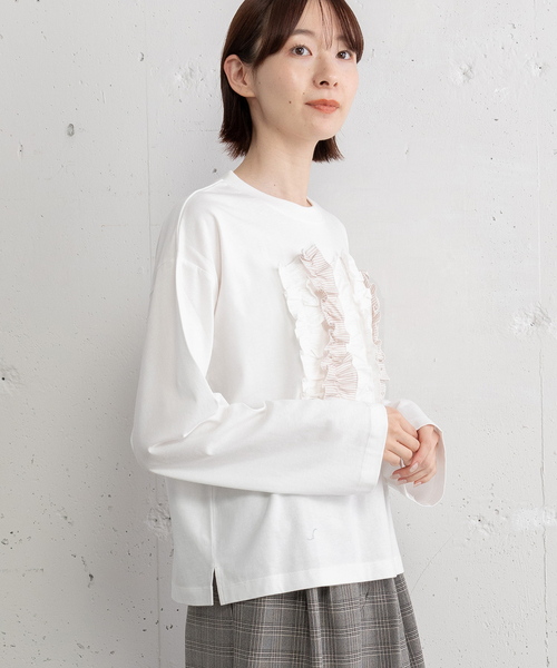 POU DOU DOU（プードゥドゥ）の「異素材ミックスフリルトップス（Tシャツ/カットソー・レディース・オフホワイト/ダークブルー/ダークグレー・M）」の22枚目の写真