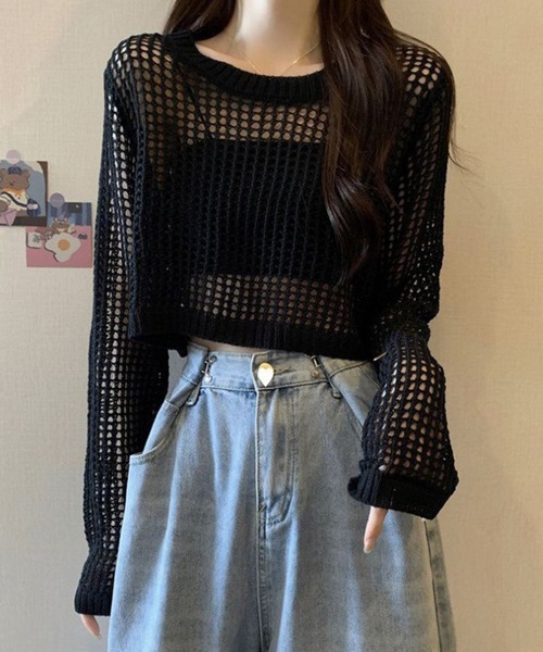 VIBGYOR（ヴィブジョー）の「【EIZZ/アイズ】透かし編み クロップド 長袖 ニット（ニット/セーター・レディース・ホワイト/ブラック/グレー・FREE）」の6枚目の写真