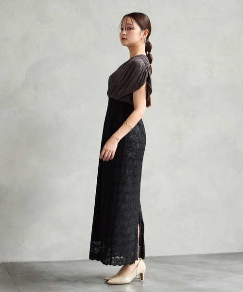 AIMER(エメ)の「割繊サテン×ラッセルレースハイウエストタイトパーティードレス 結婚式 お呼ばれ ドレス 20代 30代 40代(ドレス・レディース・グリーン/ベージュ/ブラック・MEDIUM)」の6枚目の写真