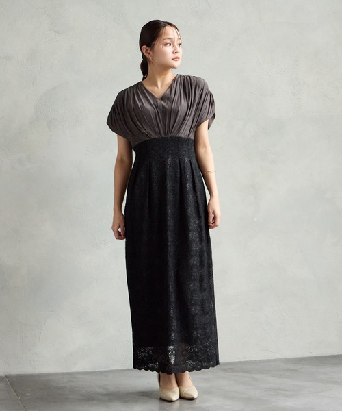 AIMER(エメ)の「割繊サテン×ラッセルレースハイウエストタイトパーティードレス 結婚式 お呼ばれ ドレス 20代 30代 40代(ドレス・レディース・グリーン/ベージュ/ブラック・MEDIUM)」の5枚目の写真