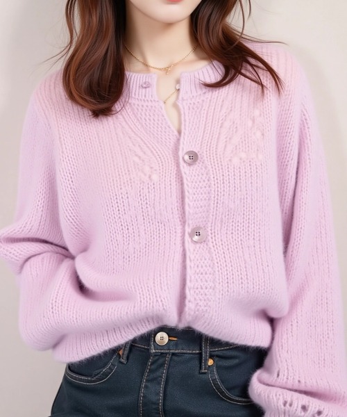 cammie（キャミー）の「肩透かし編みニットカーディガン（カーディガン/ボレロ・レディース・ピンク/ダークグレー・L/M）」の9枚目の写真