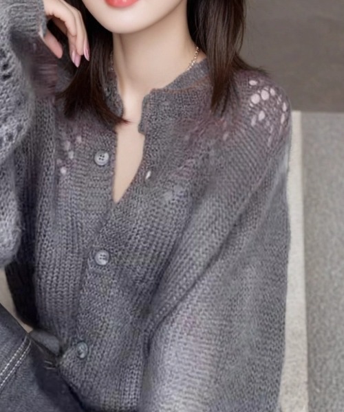 cammie（キャミー）の「肩透かし編みニットカーディガン（カーディガン/ボレロ・レディース・ピンク/ダークグレー・L/M）」の6枚目の写真