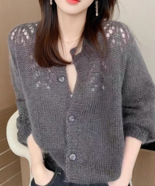 cammie（キャミー）の「肩透かし編みニットカーディガン（カーディガン/ボレロ・レディース・ピンク/ダークグレー・L/M）」の3枚目の写真