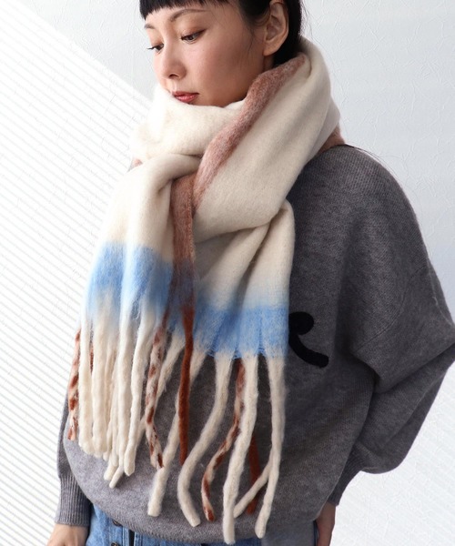 Three Four Time(スリーフォータイム)の「フレーム配色フリンジマフラー(ストール/ショール・レディース・ピンク系その他/ベージュ系その他/パープル系その他・FREE)」の1枚目の写真
