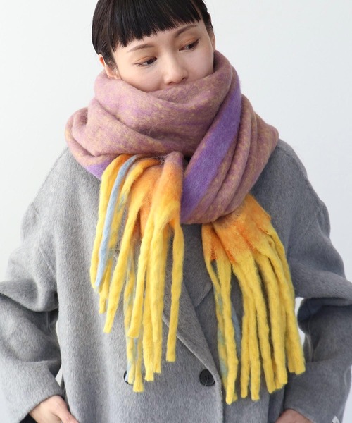 Three Four Time(スリーフォータイム)の「フレーム配色フリンジマフラー(ストール/ショール・レディース・ピンク系その他/ベージュ系その他/パープル系その他・FREE)」の2枚目の写真