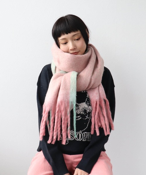 Three Four Time(スリーフォータイム)の「フレーム配色フリンジマフラー(ストール/ショール・レディース・ピンク系その他/ベージュ系その他/パープル系その他・FREE)」の3枚目の写真