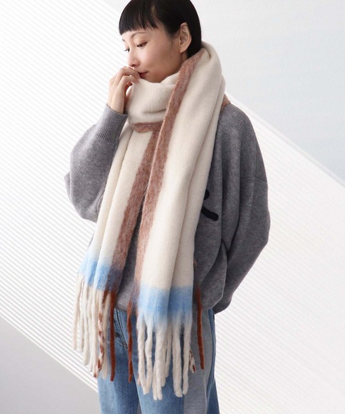 Three Four Time(スリーフォータイム)の「フレーム配色フリンジマフラー(ストール/ショール・レディース・ピンク系その他/ベージュ系その他/パープル系その他・FREE)」の4枚目の写真