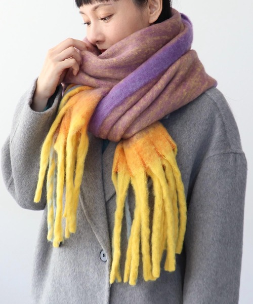 Three Four Time(スリーフォータイム)の「フレーム配色フリンジマフラー(ストール/ショール・レディース・ピンク系その他/ベージュ系その他/パープル系その他・FREE)」の6枚目の写真
