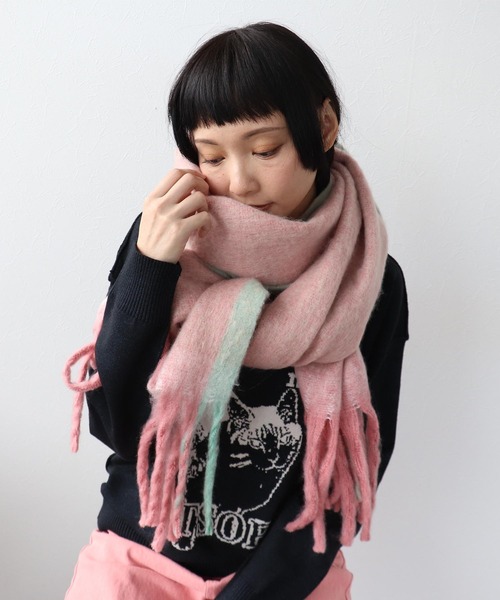Three Four Time(スリーフォータイム)の「フレーム配色フリンジマフラー(ストール/ショール・レディース・ピンク系その他/ベージュ系その他/パープル系その他・FREE)」の8枚目の写真
