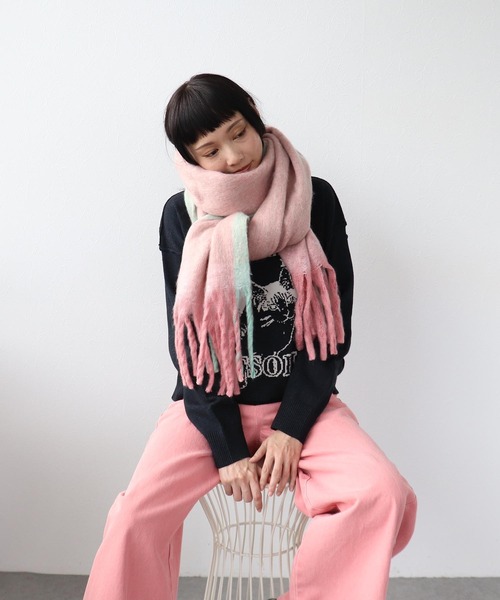Three Four Time(スリーフォータイム)の「フレーム配色フリンジマフラー(ストール/ショール・レディース・ピンク系その他/ベージュ系その他/パープル系その他・FREE)」の9枚目の写真