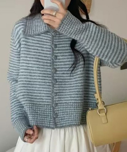 CLOTHY(クロシィ)の「【やわらか起毛でぬくもり満点】ボーダー襟付きカーディガン(カーディガン/ボレロ・レディース・グレー/ブラウン・FREE)」の4枚目の写真