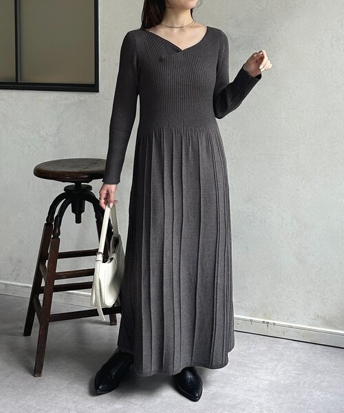 セール】ドレープネックリブ切替ニットワンピース（ワンピース