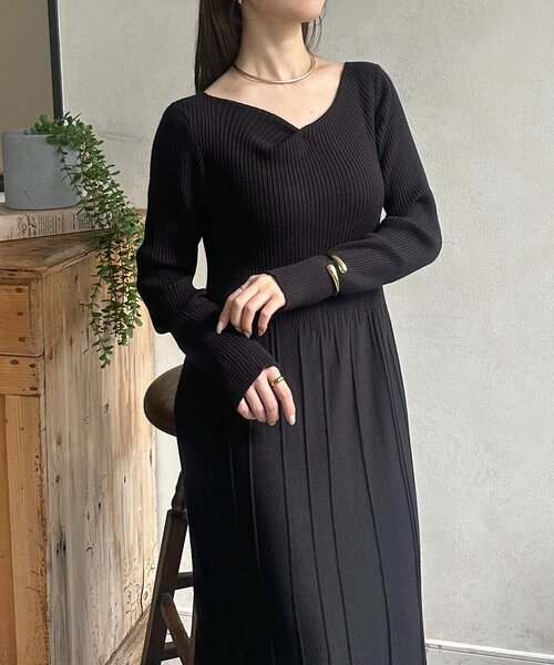 セール】ドレープネックリブ切替ニットワンピース（ワンピース