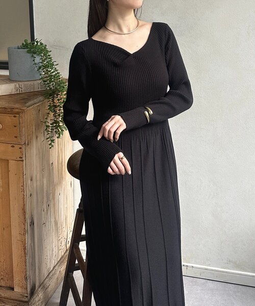 セール】ドレープネックリブ切替ニットワンピース（ワンピース