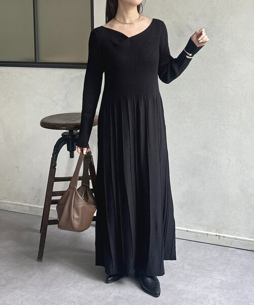 セール】ドレープネックリブ切替ニットワンピース（ワンピース