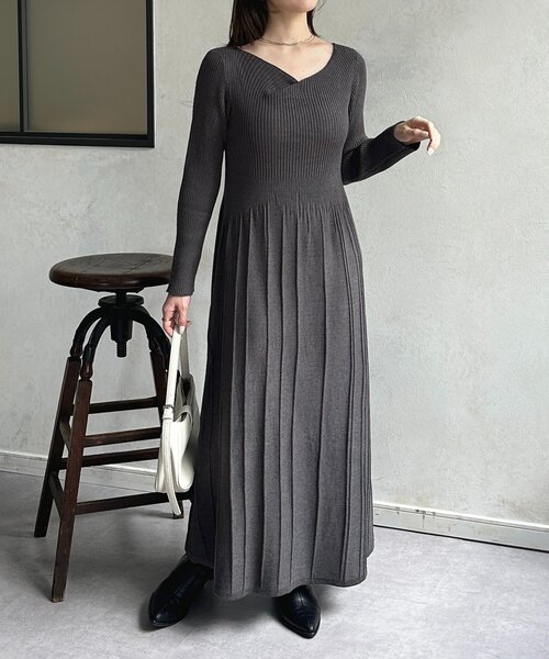 セール】ドレープネックリブ切替ニットワンピース（ワンピース