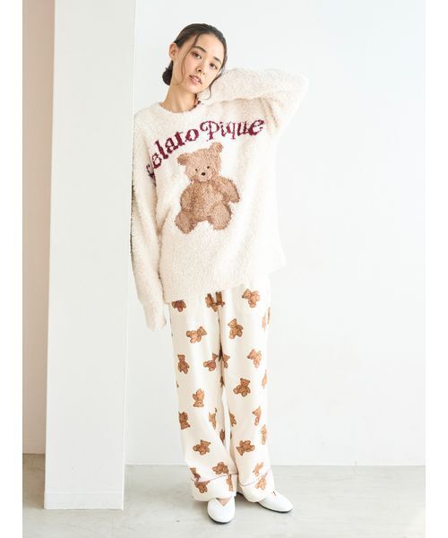 【HOLIDAY】ベア柄ネルシャツ&ベア柄ネルロングパンツセット　ホワイト HOLIDAY】ベア柄ネルロングパンツ（ルームウェア/パジャマ）｜gelato