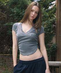 Amelia Lace Halter Short Sleeve Top (Khaki Grey)