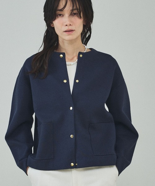 qualite(カリテ)の「ダブルフェイスニットカーデ/オフィスカジュアル/羽織り/春服(シャツ/ブラウス・レディース・ネイビー/オフホワイト・フリー)」の1枚目の写真