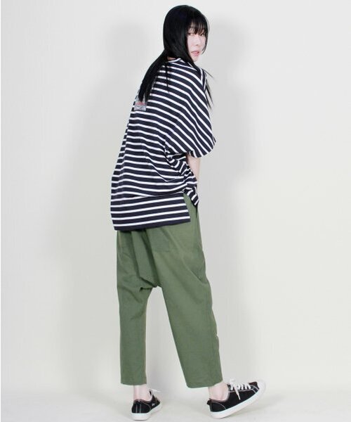 リネン無地リアルバギーパンツカーキ