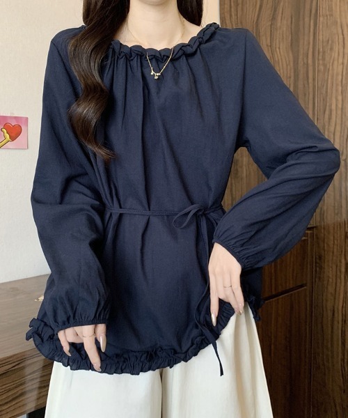 SallyLunn(サリーラン)の「ウエストマークギャザーフリルトップス(シャツ/ブラウス・レディース・パープル/ネイビー・MEDIUM/LARGE)」の1枚目の写真