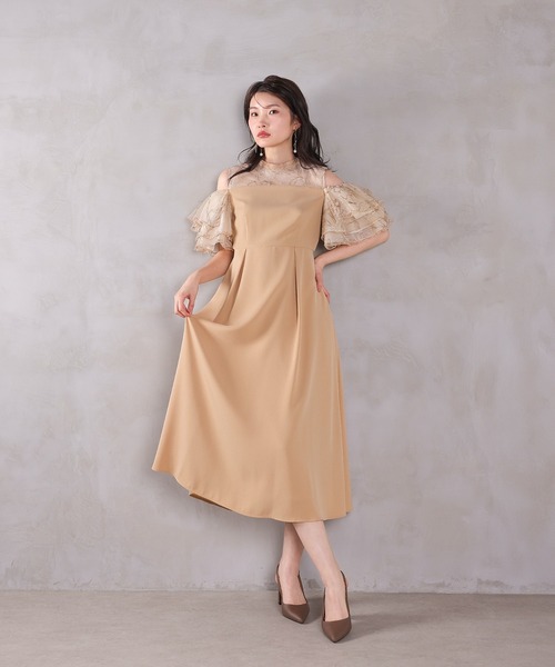 チュールラメ刺繍 オフショル Aラインワンピース ドレス 結婚式