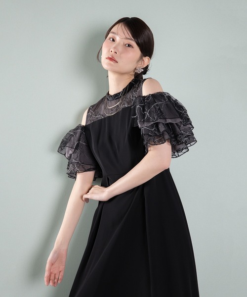 チュールラメ刺繍 オフショル Aラインワンピース ドレス 結婚式