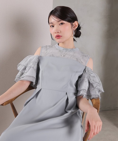 チュールラメ刺繍 オフショル Aラインワンピース ドレス 結婚式